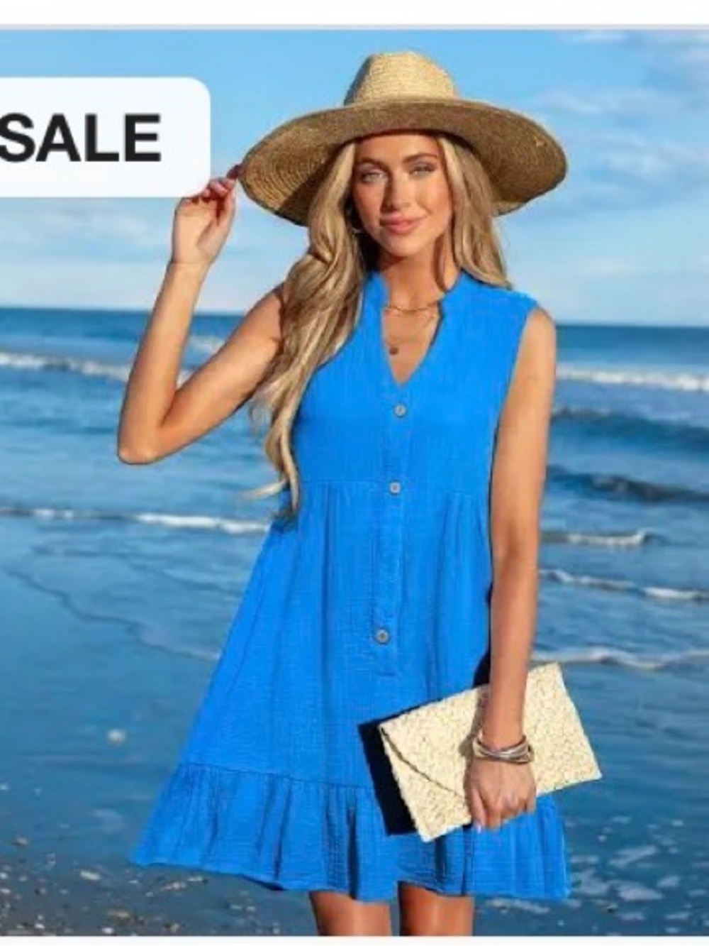 Blue Sleeveless Button Front Cover-Up Mini Dress Sundress